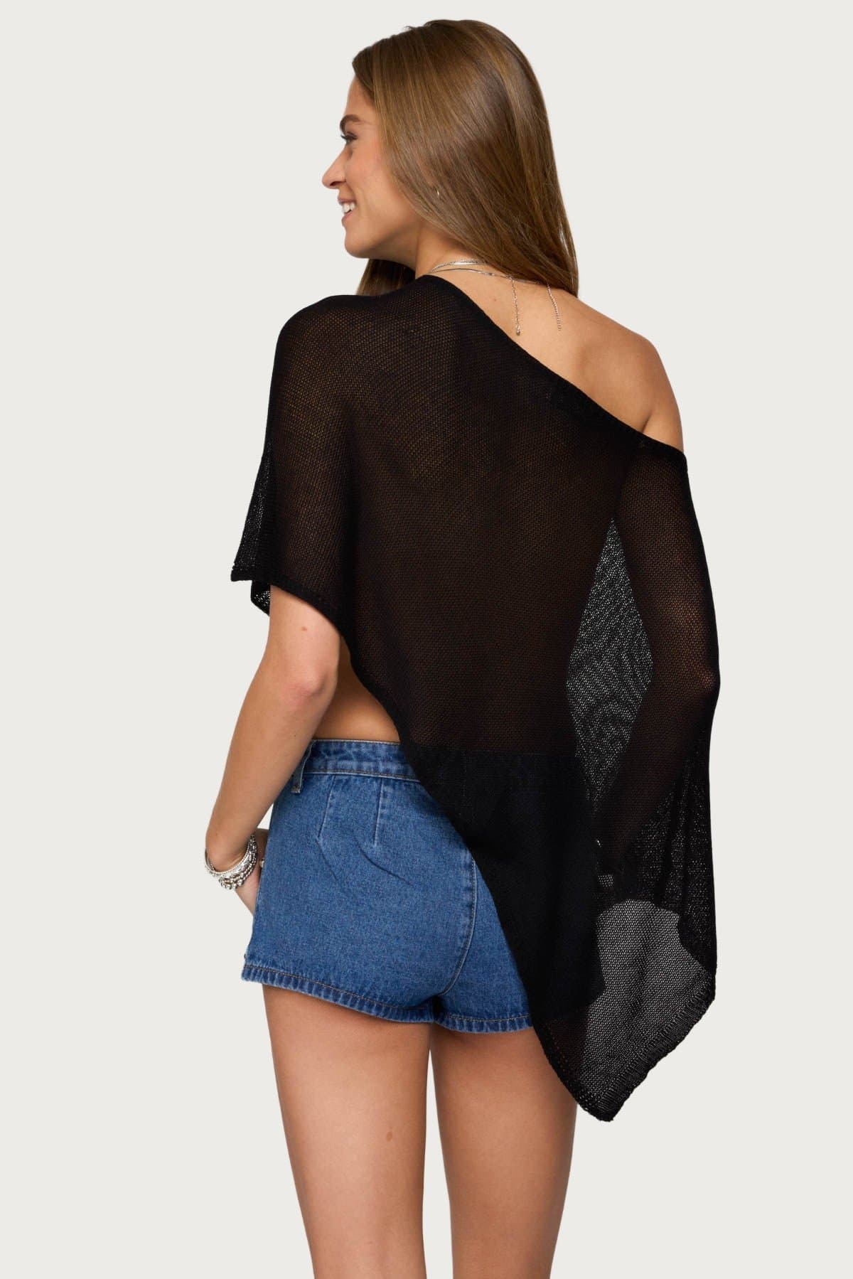 Azalia Asymmetric Knit Poncho - Off Shoulder Rayon Knit