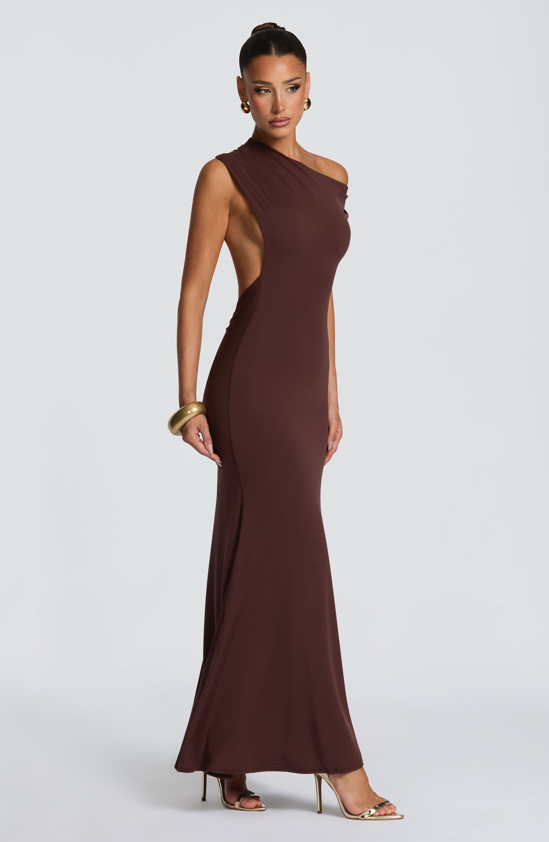 Fiora Maxi Dress in Plum Brown - Asymmetric Neckline Open Back Modal Jersey