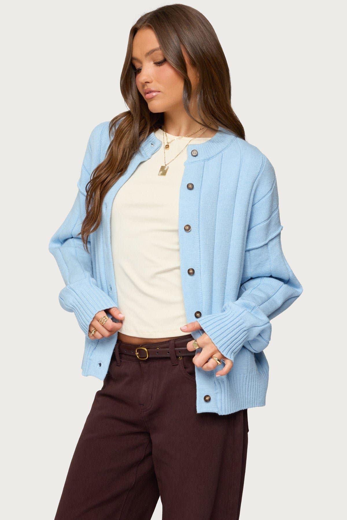 Joanie Wide Ribbed Knit Cardigan - Rayon Nylon Polyester Button Front Sweater