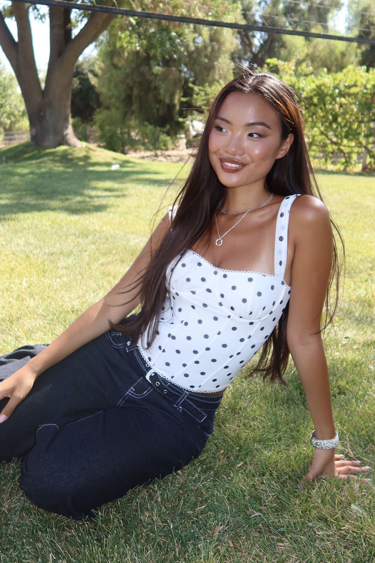 Marcella Wide Strap Corset with Polka Dot Print, Mesh Fabric, Cupped Boned Bodice