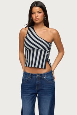 Button Striped One Shoulder Top - Cotton Spandex Side Slit Small Medium Large