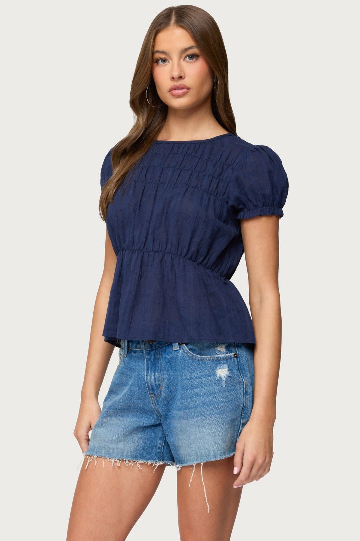 Maricella Gathered Tiered Plaid Cotton Top - Short Puff Sleeves, Back Buttons