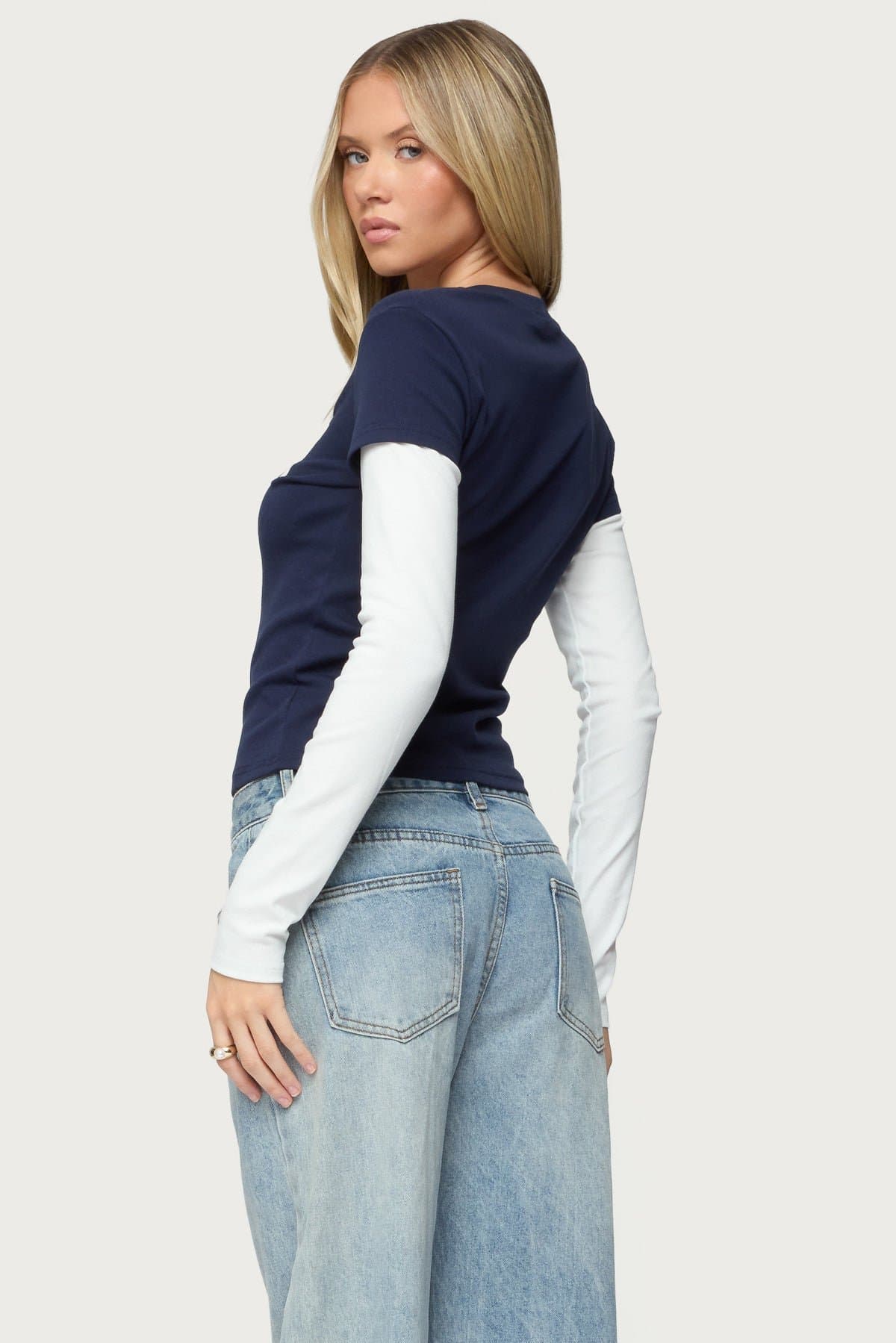 Boston Layered Long Sleeve T-Shirt - Cotton Spandex Graphic Text Contrast Sleeves