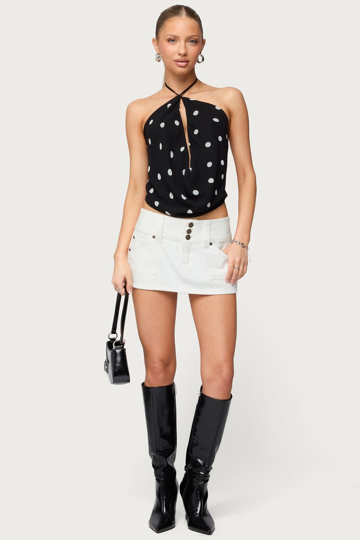 Chiffon Backless Cowl Neck Top with Polka Dot Print Halter Neck