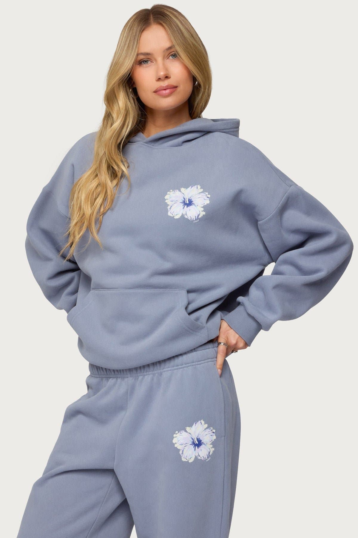 Tropical Bloom Hoodie with Hibiscus Flower Print Polyester Cotton Matching Set