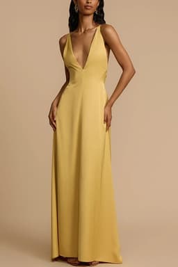 Gold Satin Deep V Neck Backless Maxi Dress – Cross Strap Open Back A-Line Evening Gown S-XL