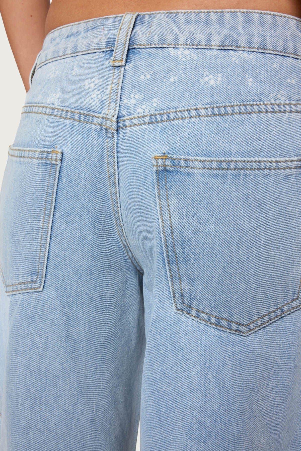 Floral Split Low Rise Baggy Jeans 100% Cotton Rigid Denim