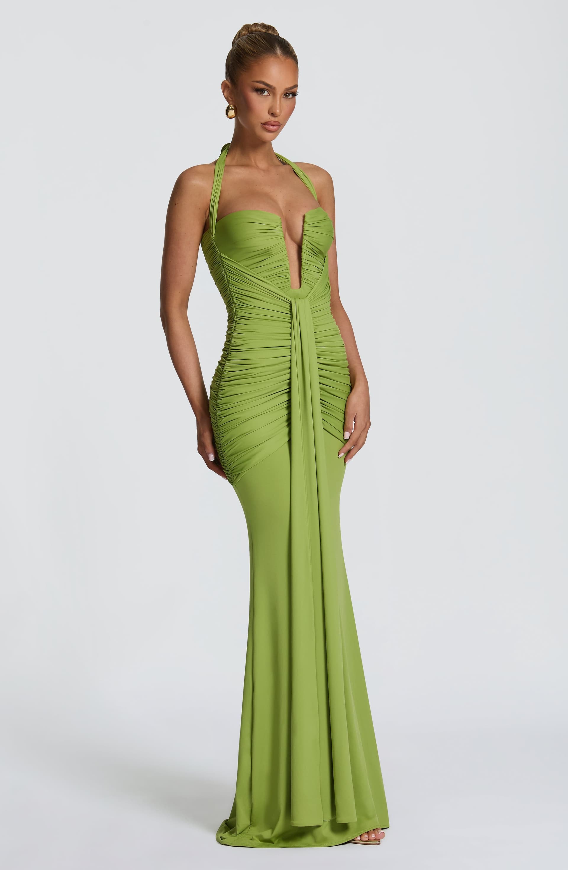 Morrigan Maxi Dress - Olive Stretch Slinky Jersey Halter Plunge Mermaid