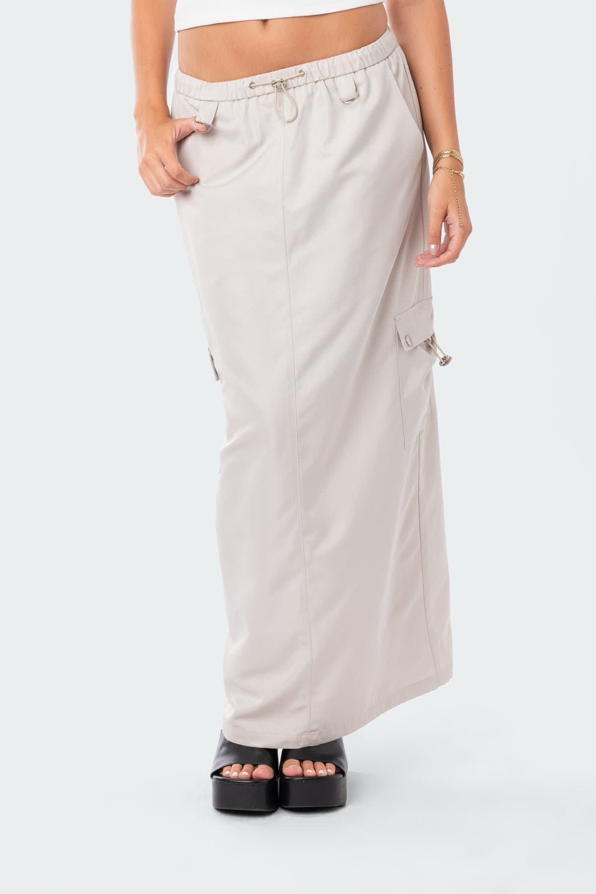 Demi Cargo Maxi Skirt - Polyester Rayon Drawstring Waistband Cargo Pockets