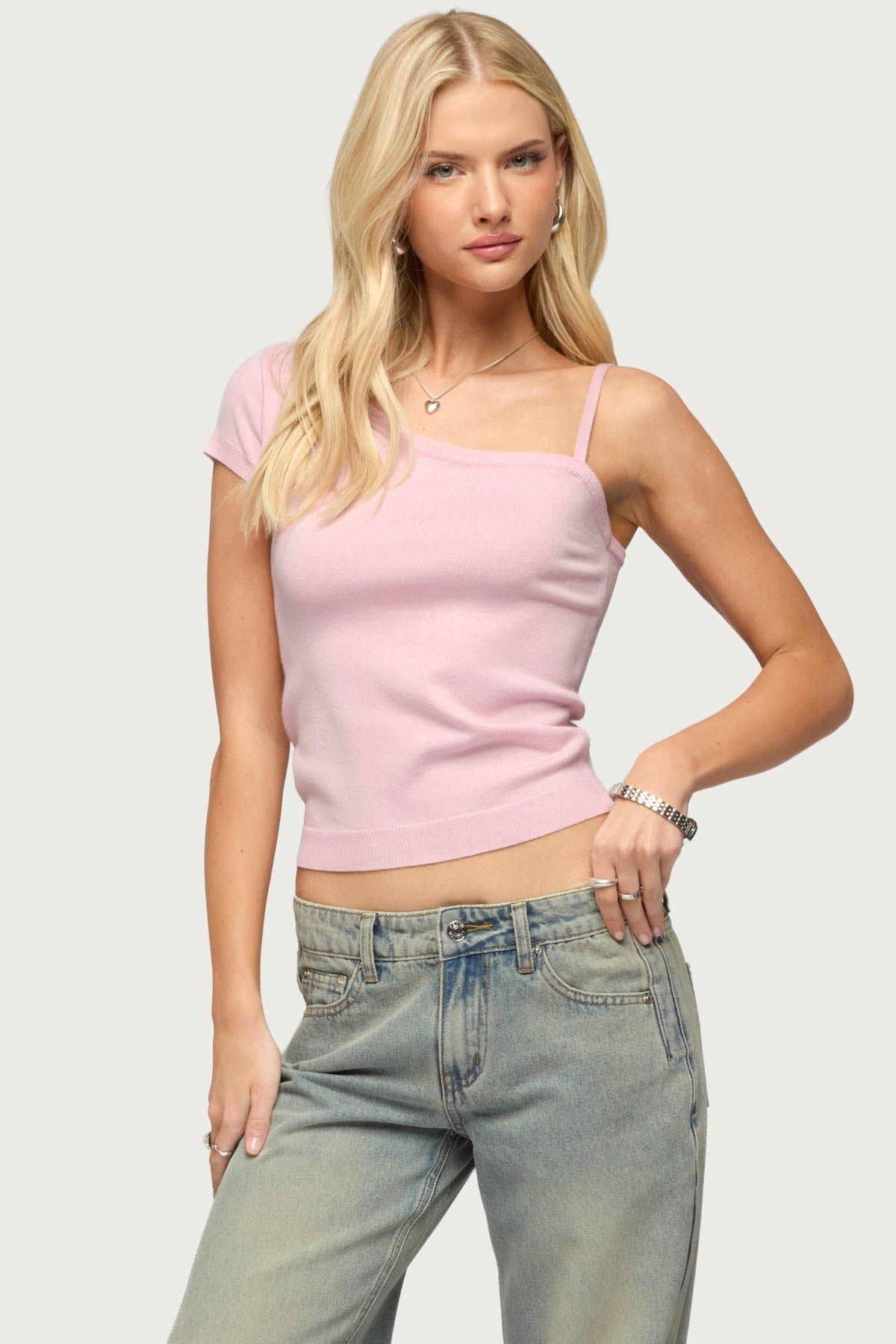 Lorelai Asymmetric Knit Top - Single Adjustable Strap, Short Sleeve, Rayon Polyester