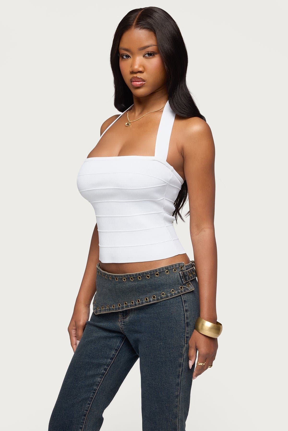 Esmerela Bandage Halter Top - Polyester Straight Neckline Back Zip