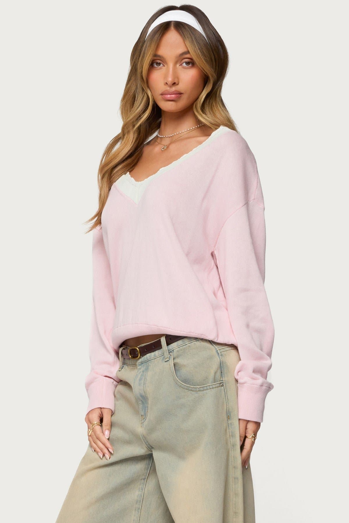 Marie Contrast Lacey V-Neck Cotton Knit Sweater