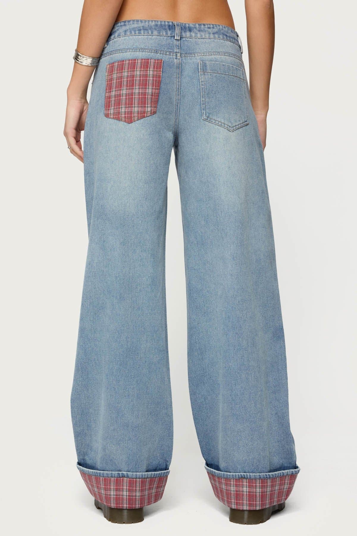 Plaid Cuffed Low Rise Baggy Jeans - Rigid Cotton Polyester Denim