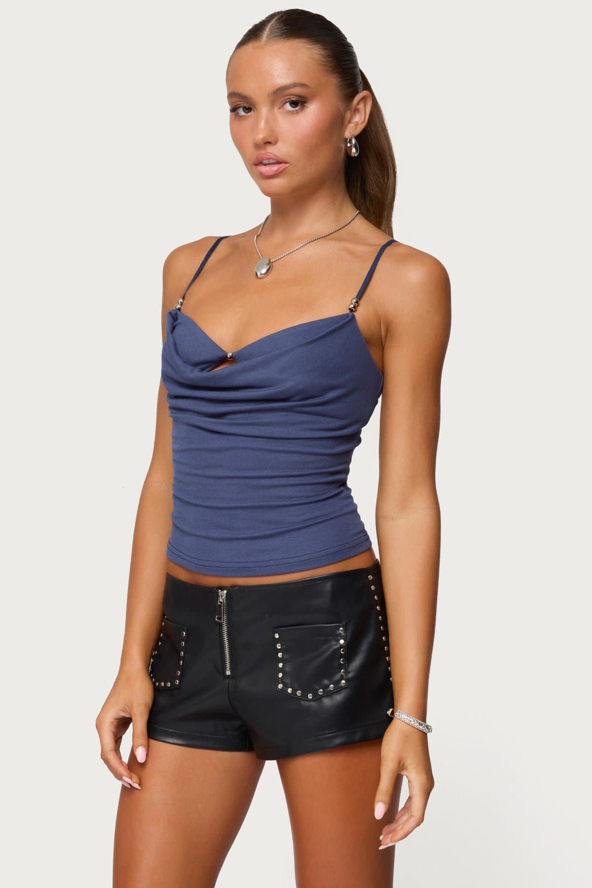 Layered Bra Cowl Neck Tank Top with Adjustable Straps and Beaded Detailing