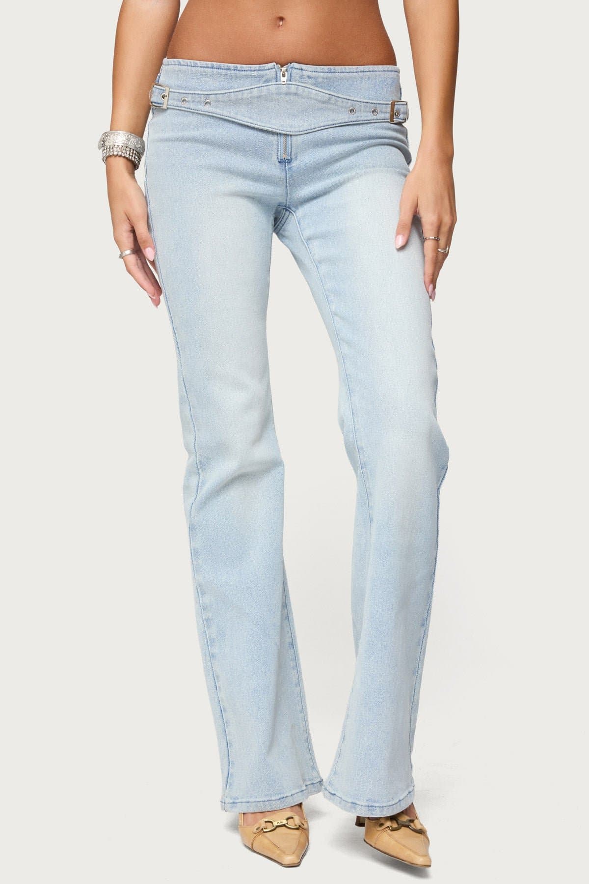 Kenza Belted Low Rise Flared Jeans - Stretch Denim Cotton Polyester Spandex
