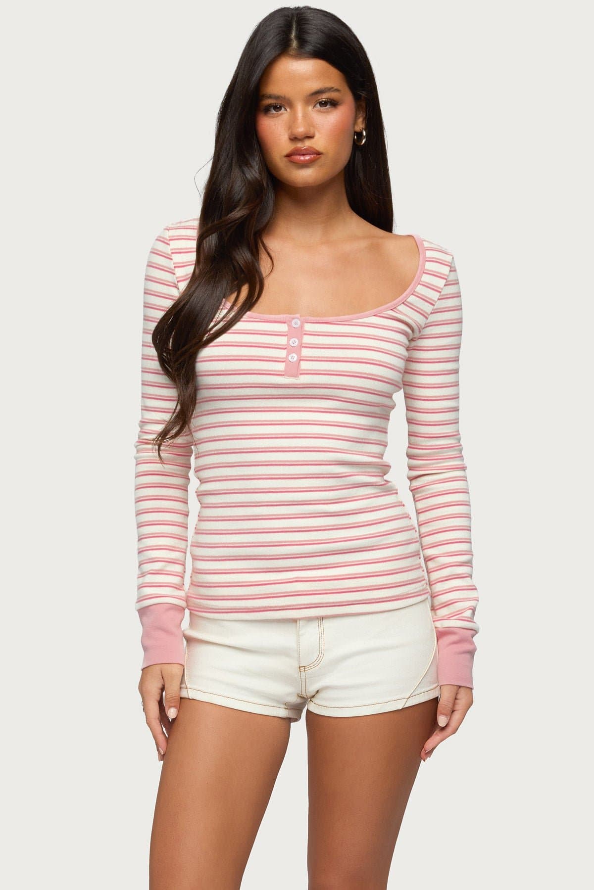 Jaida Striped Henley Top - Long Sleeve Cotton Spandex Scoop Neck