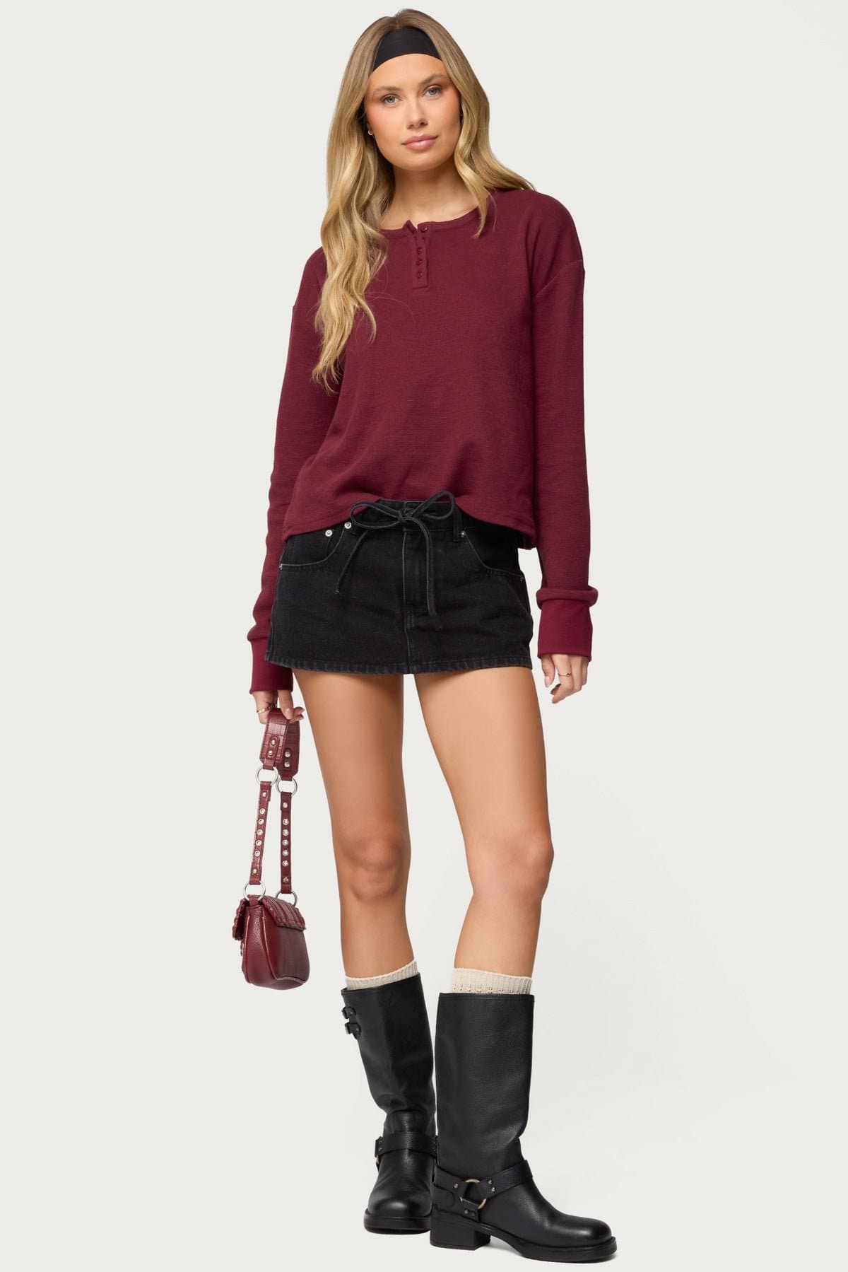 Deni Long Sleeve Henley Waffle Top - Polyester Cotton Spandex Blend