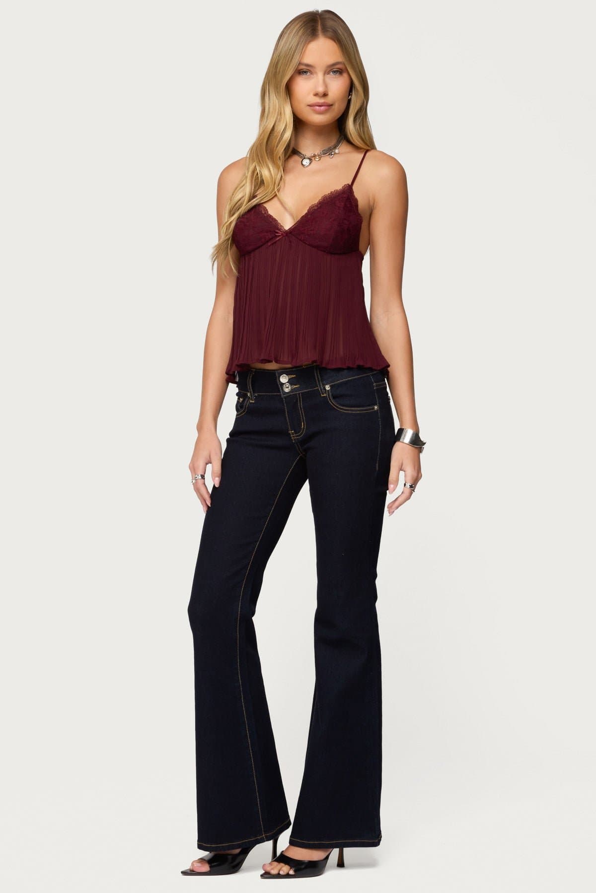 Rhian Lacey Pleated Babydoll Top with Adjustable Straps, Lace Bust, Chiffon