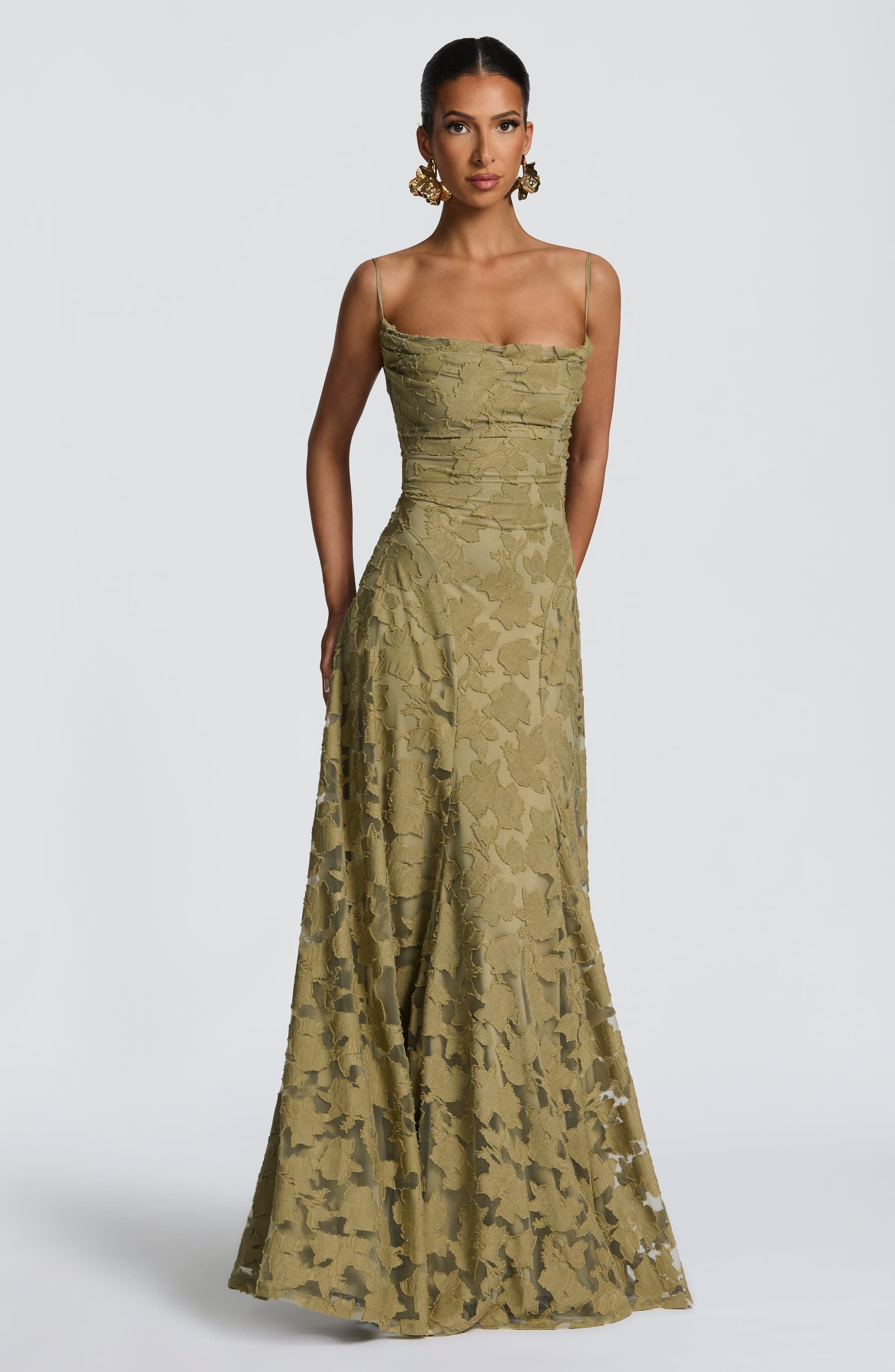 Francis Maxi Dress - Sage Floral Burnout Jersey Cowl Neck Lace-Up Back