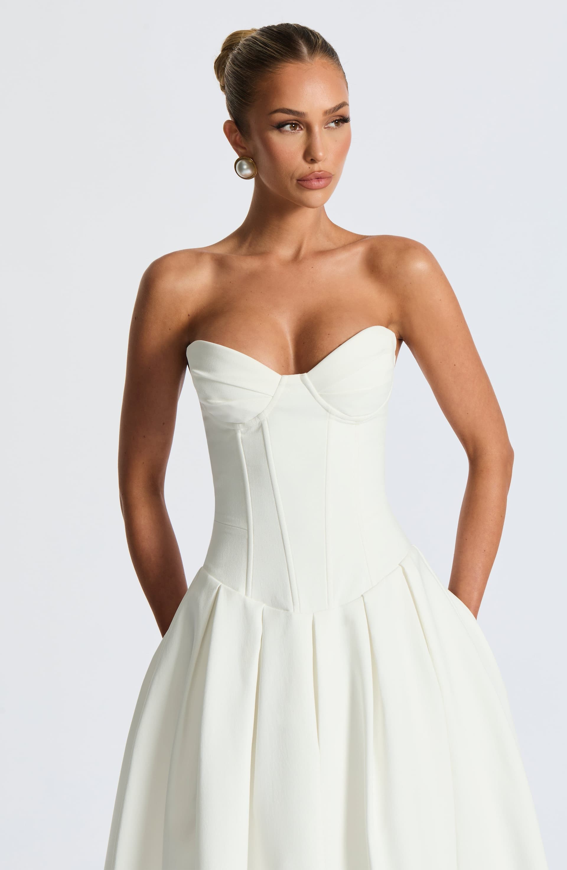Salma Midi Dress Ivory Stretch Bengaline Strapless Pleated Bodice
