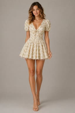 Women's Yellow Floral Mini Dress – Deep V-Neck Tie Front Puff Sleeve Fitted Bodice Tulle Skirt Babydoll Dress