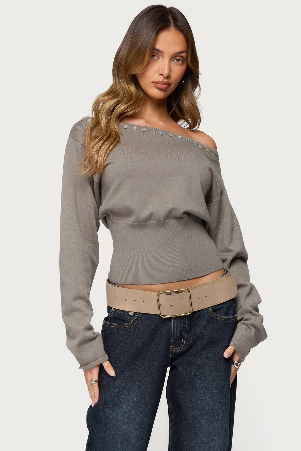 Carmela Iridescent Button Off-Shoulder Sweater - Ribbed Knit Acrylic