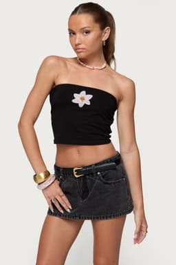 Luli Beaded Flower Tube Top - Cotton Spandex Strapless Crop Top