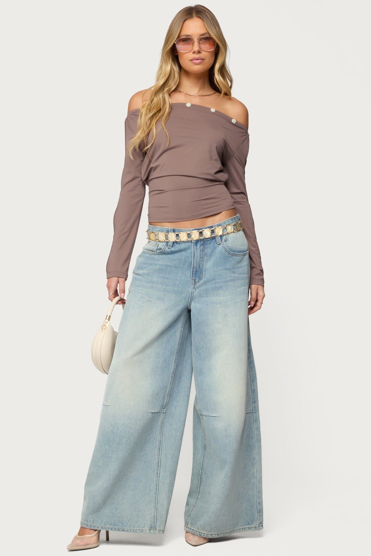 Ronee Off Shoulder Long Sleeve Button Cutout Top with Cinched Waist Nylon Spandex