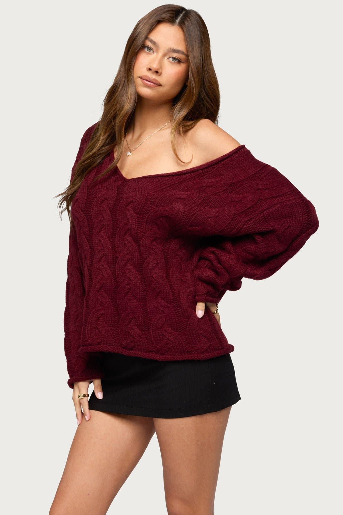 Inga Oversized Cable Knit Sweater - Acrylic Deep V Neck