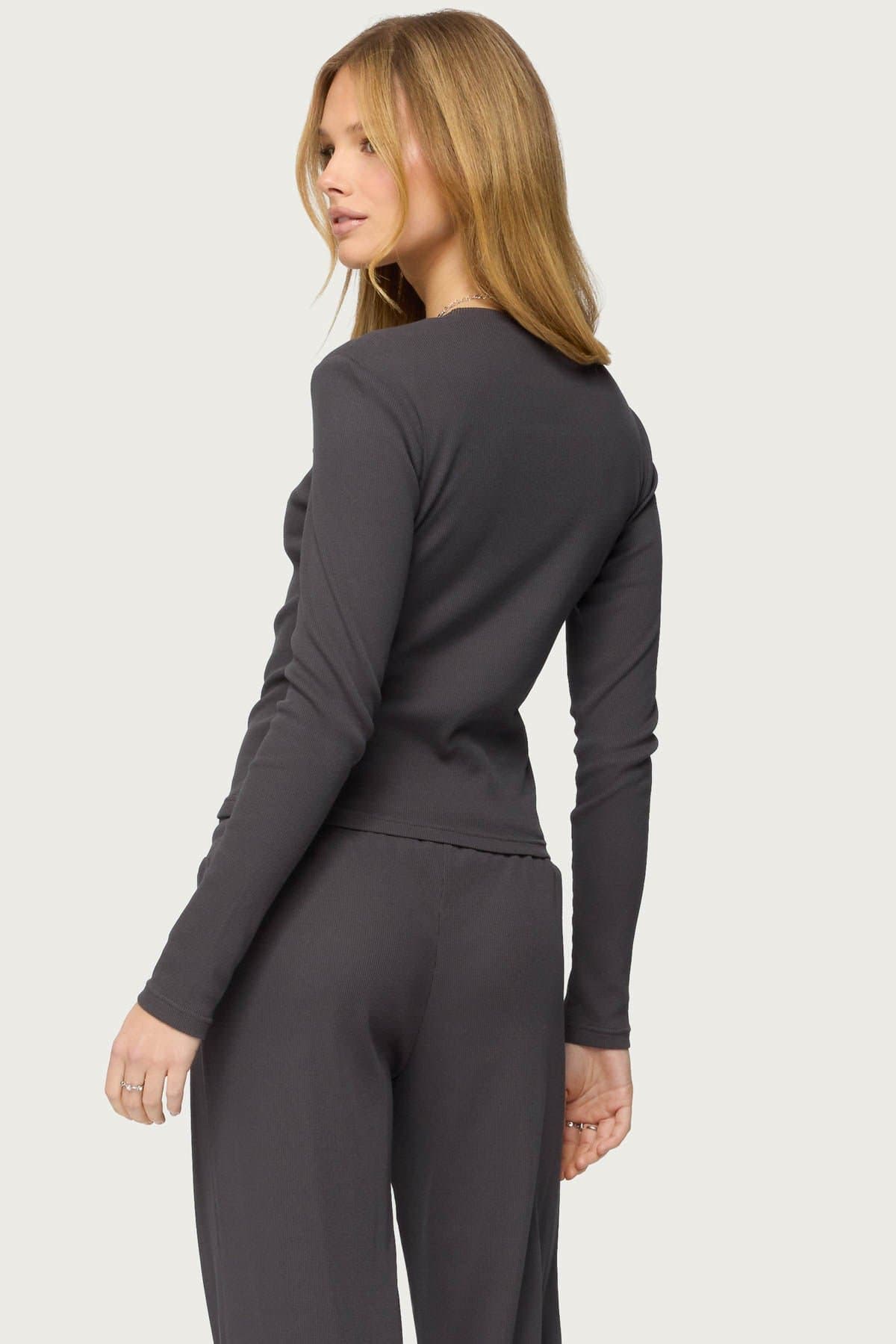 Cicilia Long Sleeve Ribbed T-Shirt - Cotton Polyester Spandex Loungewear Top