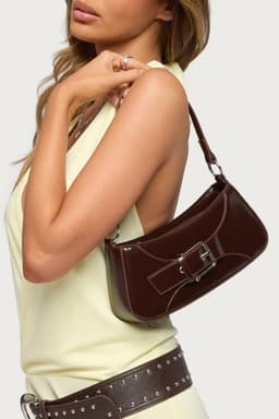 Buckle Up Faux Leather Bag - Polyurethane Rayon 10x4.3x3.3in