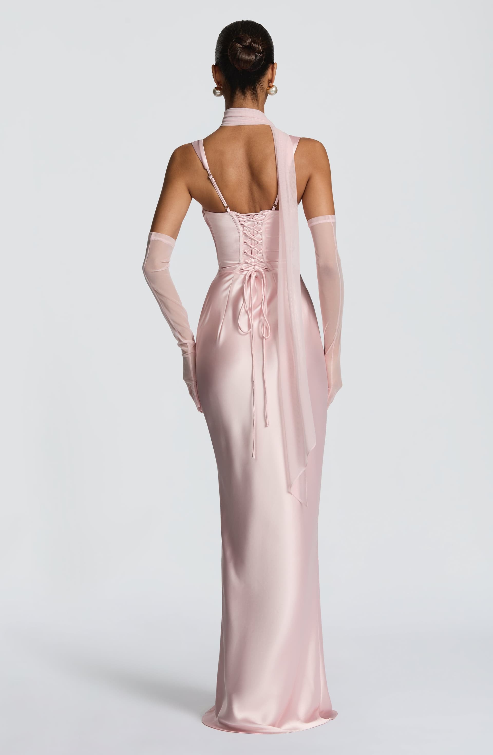 Calanthe Maxi Dress - Blush Satin Square Neckline Lace-Up Back
