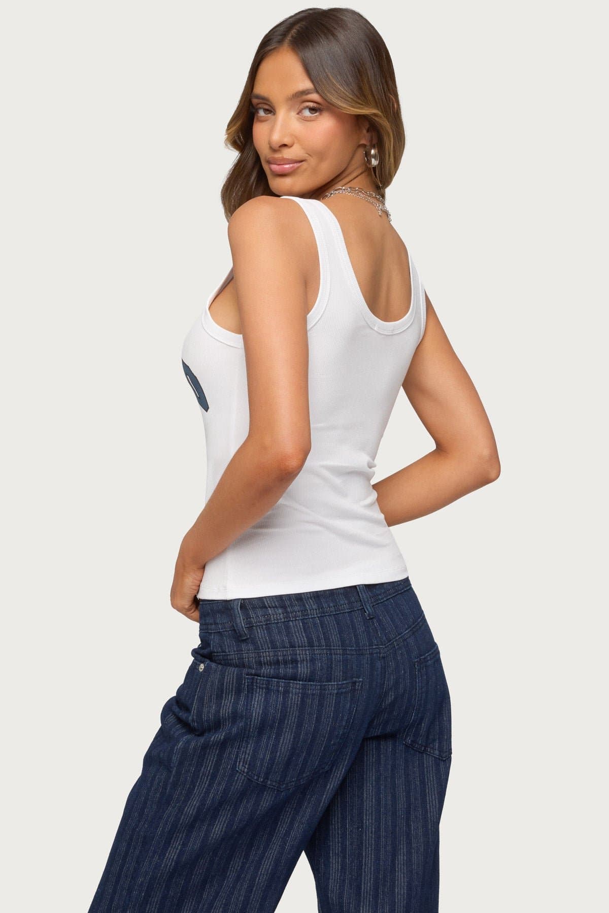 Edikted Girly Ribbed Tank Top with Graphic Text - Cotton Spandex