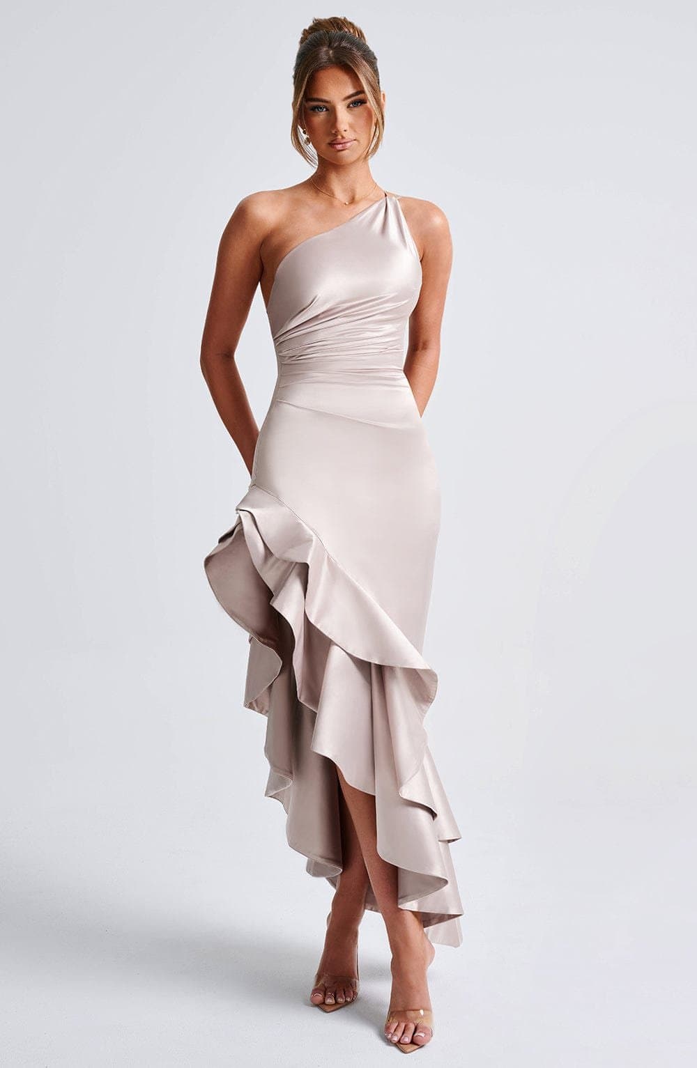 Esmeraya Champagne Maxi Dress - Stretch Satin One Shoulder Gown