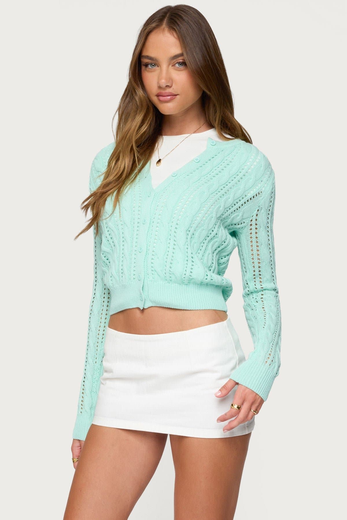 Haisley Cable Knit Cotton Cardigan - Ribbed Hem Cuffs Button Front