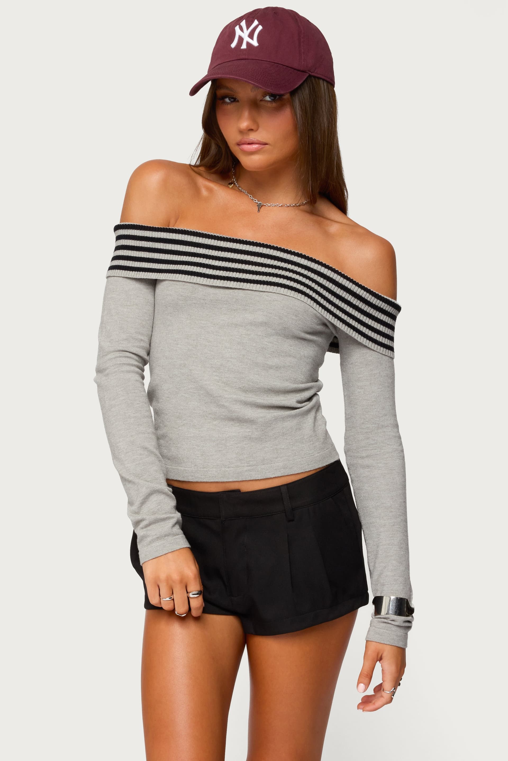 Leetal Stripey Foldover Knit Top - Off Shoulder Striped Rayon Nylon Polyester