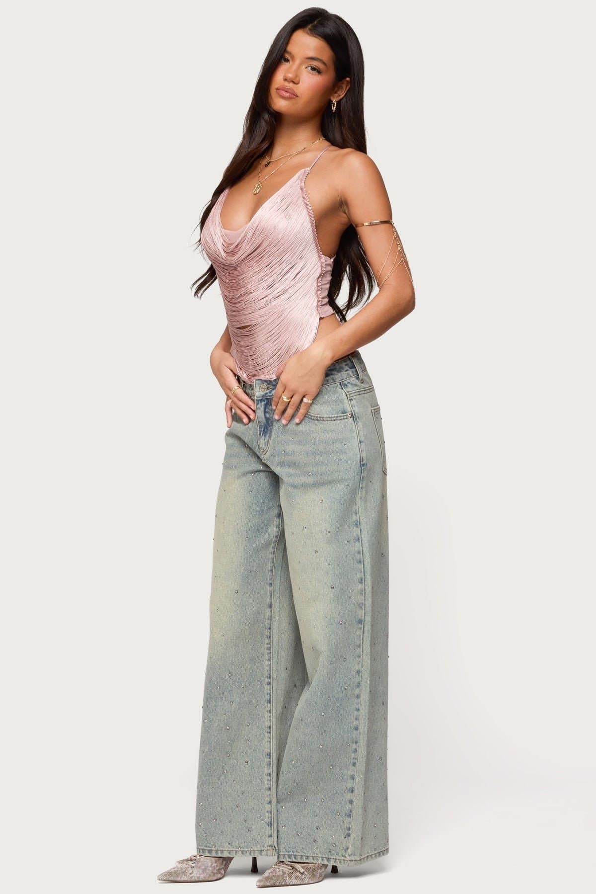 Elenie Fringed Cowl Neck Top with Adjustable Crisscross Straps and Side Mesh Panels