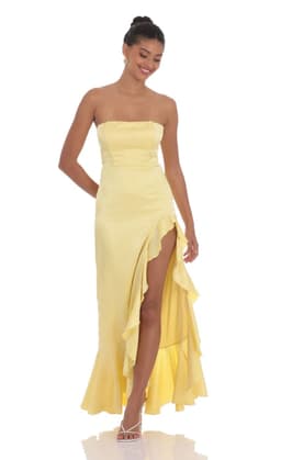 Satin Jacquard Back Bow Corset Maxi Dress in Yellow