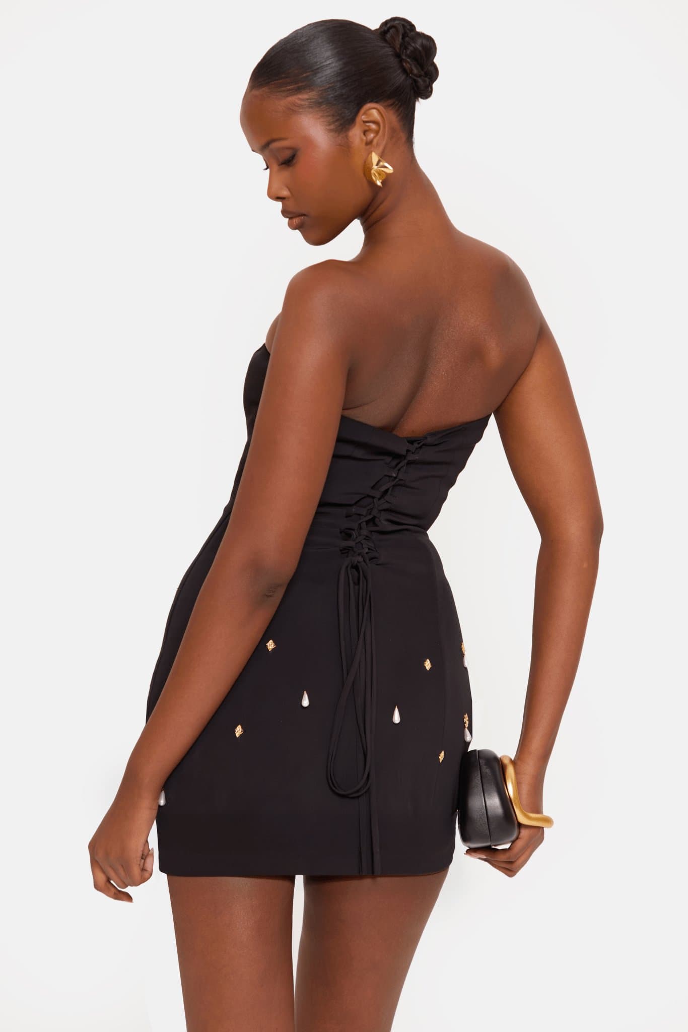 Sacred Bandeau Woven Mini Dress with Boned Corset Lace Up Back