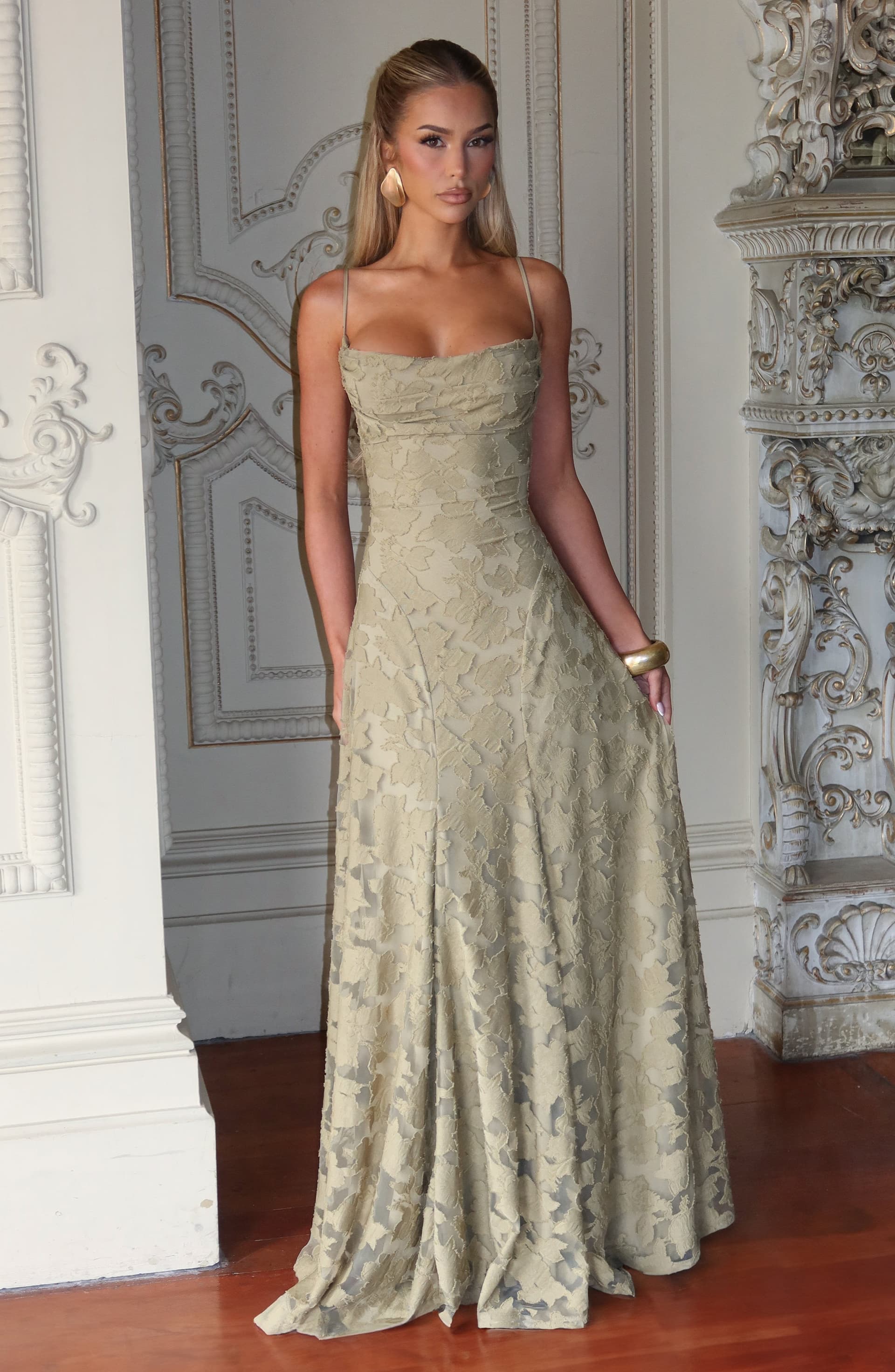 Francis Maxi Dress - Sage Floral Burnout Jersey Cowl Neck Lace-Up Back