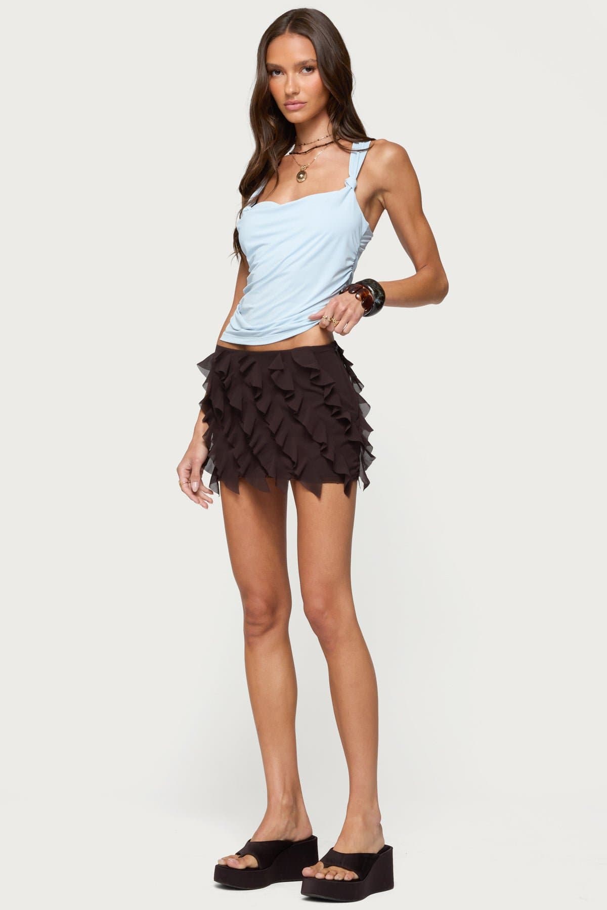 Liza Knotted Cowl Neck Racerback Top with Side Ruching Nylon Spandex