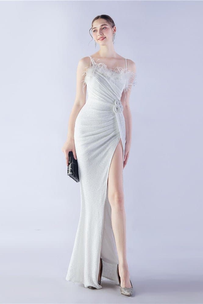 Ostrich Feather Embellished V-Neck Sleeveless Maxi Dress