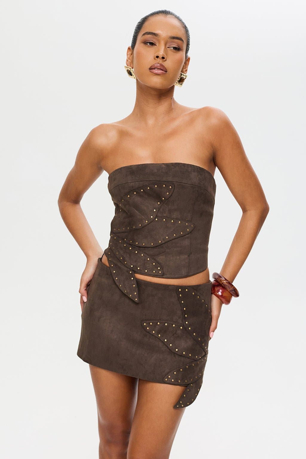 Samara Mini Bodycon Skirt in Premium Faux Suede with Lace-Up Back and Petal Applique