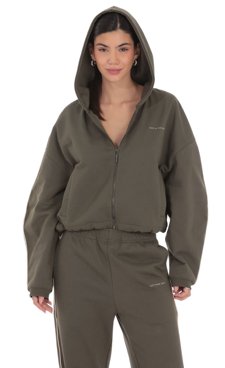 Cropped Cinch Waist Hoodie in Olive Green