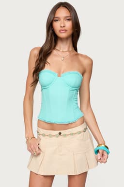 Deirdre Mesh Lace Up Corset with Cupped Construction Boned Bodice Frilled Trim Polyester