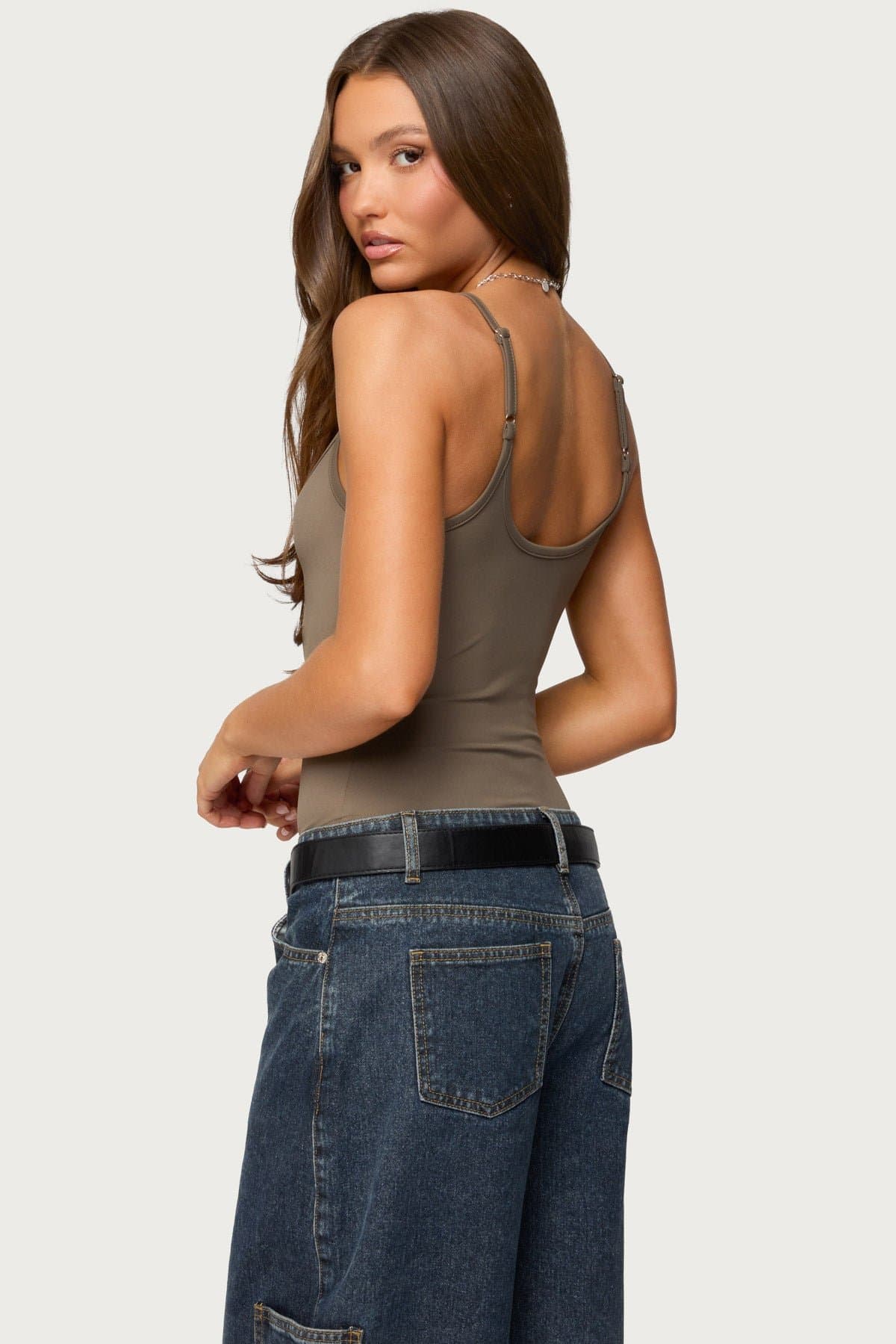 Teaghan V Neck Fitted Bodysuit Adjustable Straps Nylon Spandex