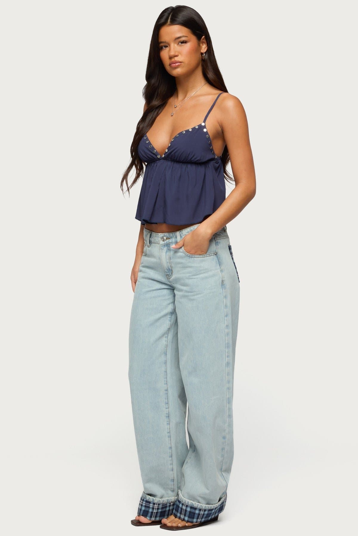 Plaid Cuffed Low Rise Baggy Jeans - Rigid Cotton Polyester Denim