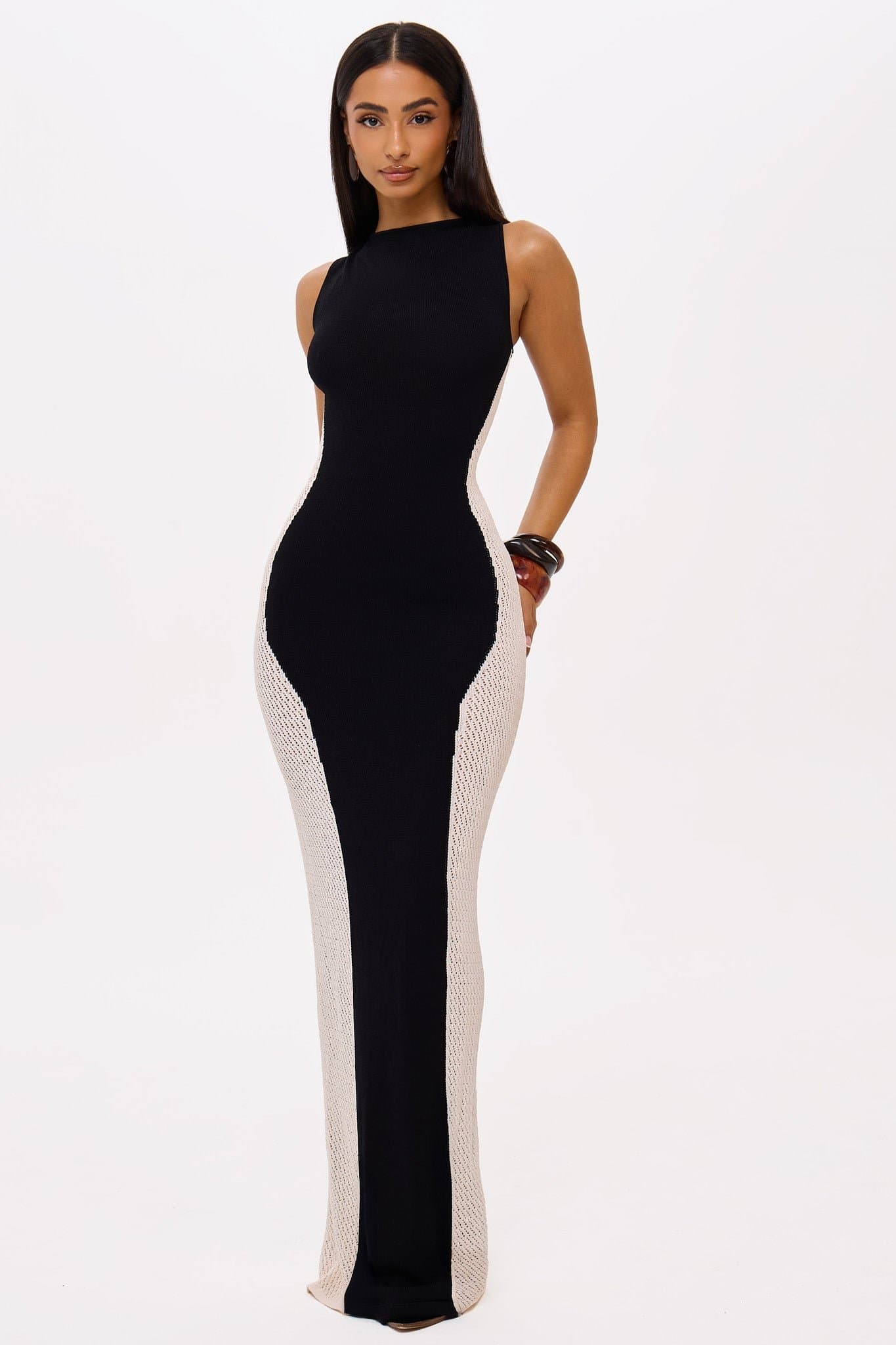 NYX Knitted Maxi Bodycon Dress Slash Neck Off-White Side Panels UK Size 8