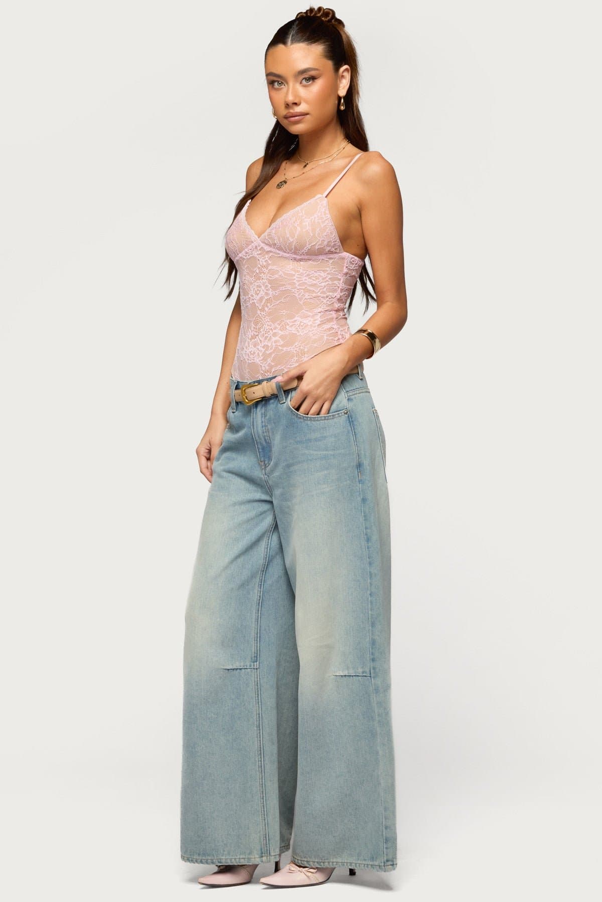 Nolyn Sheer Lace V Neck Bodysuit with Adjustable Straps Polyester Spandex