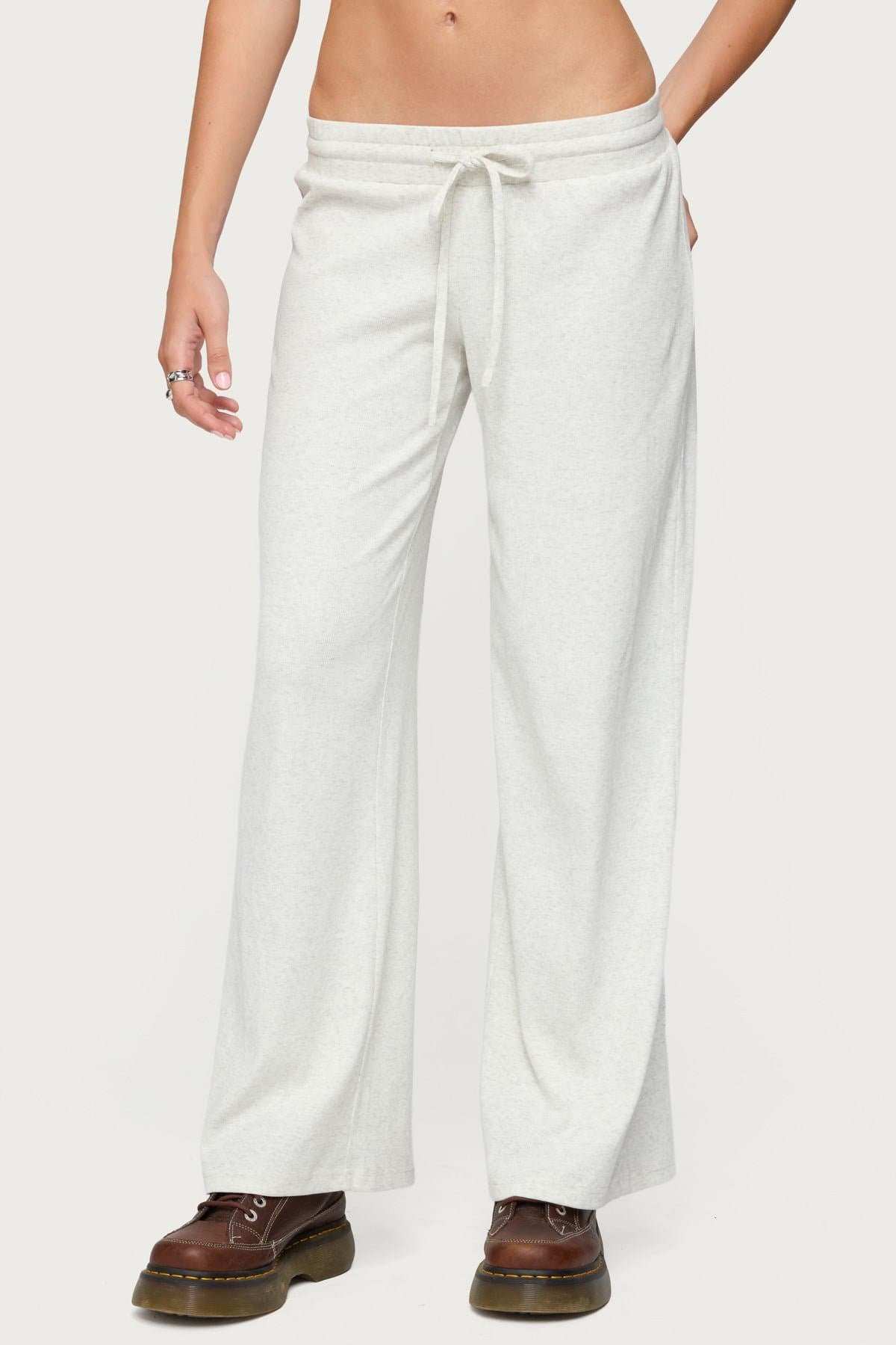 Cicilia Straight Leg Ribbed Pants - Adjustable Tie Waist Cotton Polyester Spandex Loungewear